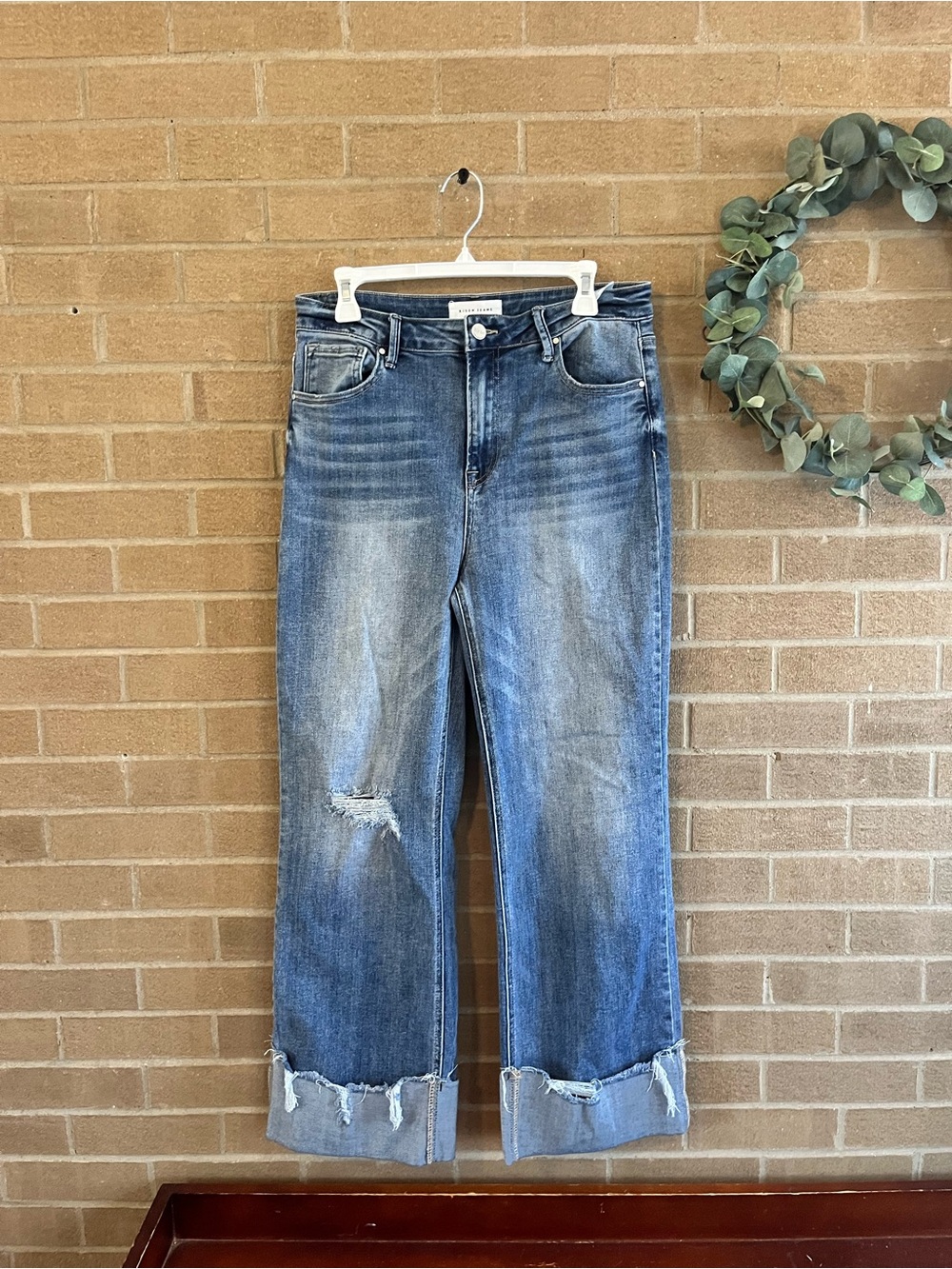 Women's Straight Leg Distressed Blue Jeans - Casual Mid-Rise